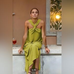 Commense Olive Green Twist-Neck Midi Dress